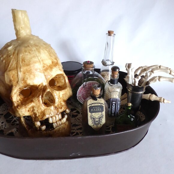 NEW HALLOWEEN GOTHIC HORROR TABLE CENTERPIECE APOTHECARY PROP ODDITY SKULL TRAY - Picture 2 of 15